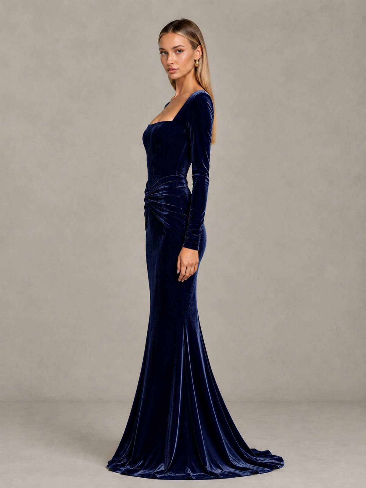 BOLODOO navy blue floor-length velvet-look formal dress with sweeping train, side view