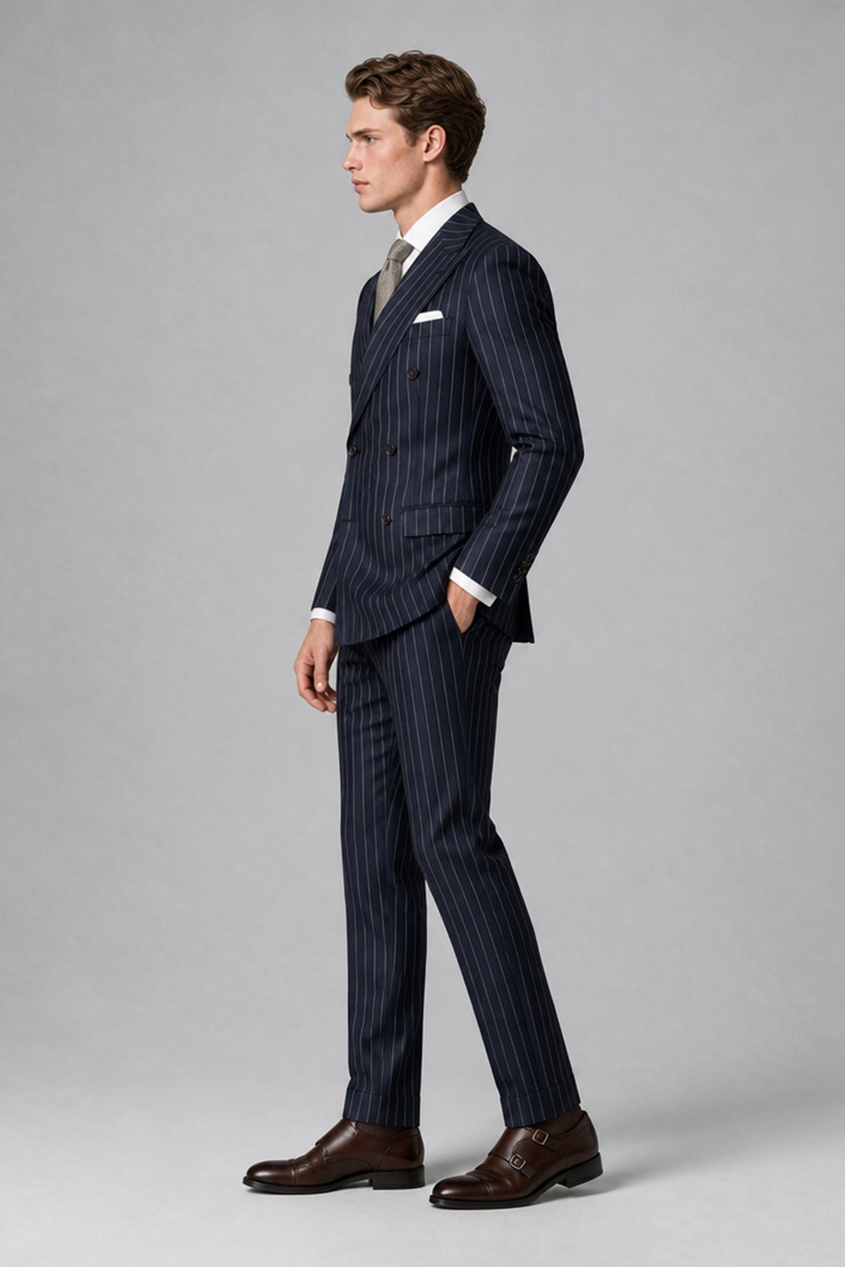 BOLODOO navy blue pinstripe two-piece men's suit, back view