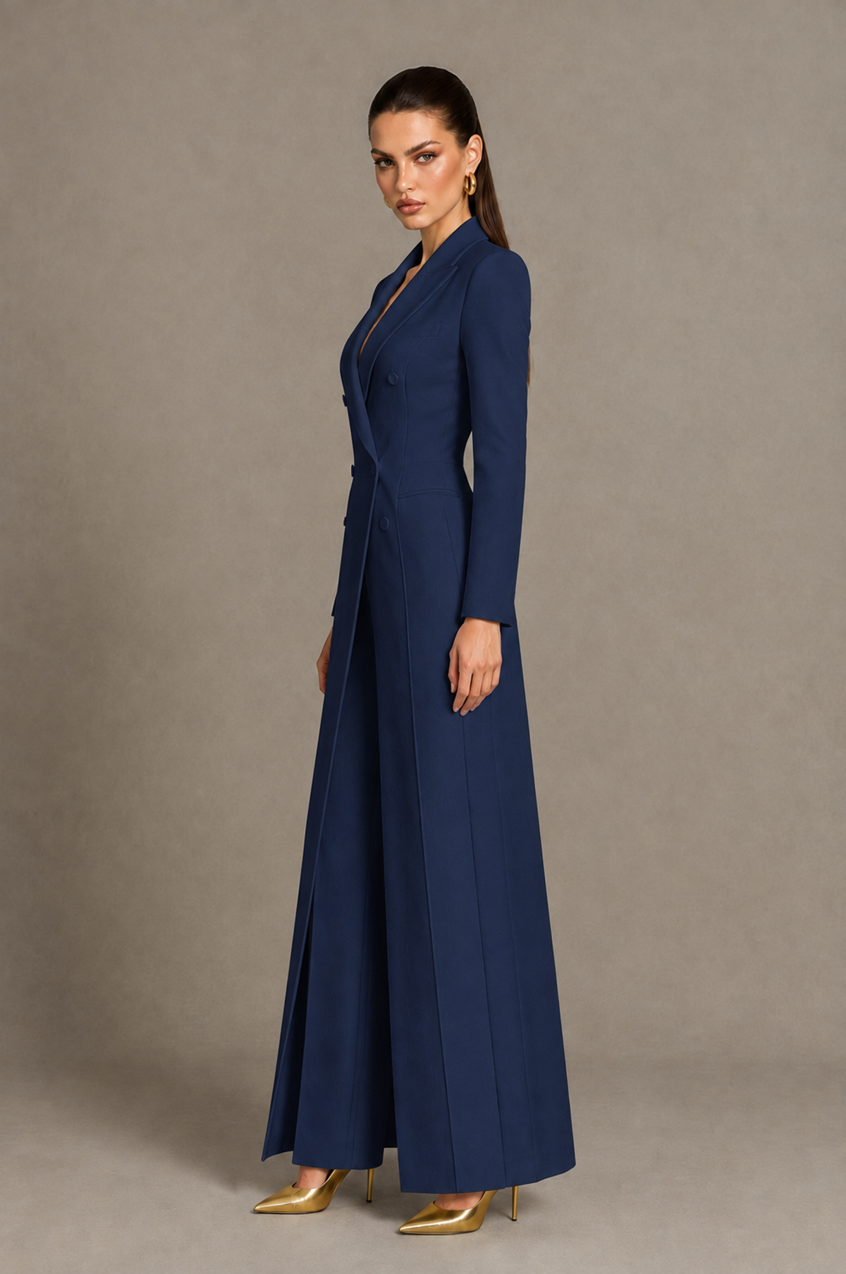 BOLODOO QQ094 navy blue long-sleeve pantsuit, side view showing long jacket silhouette