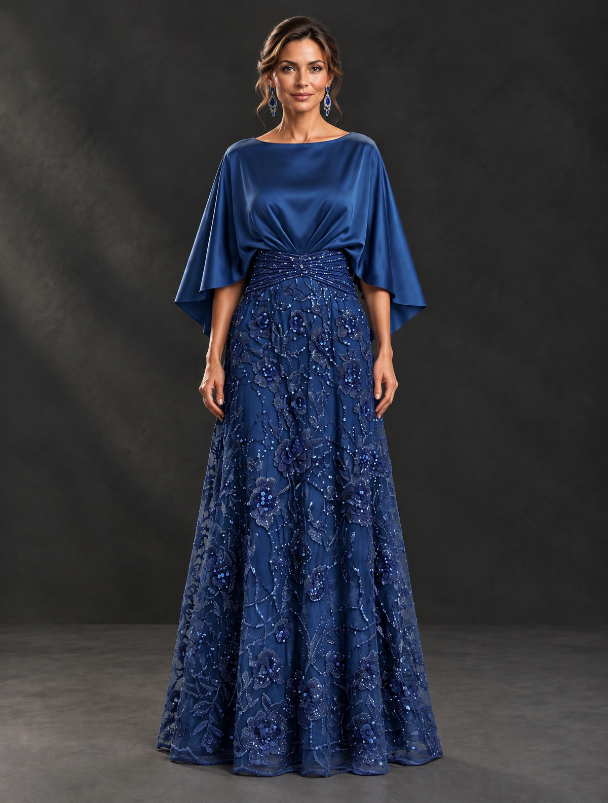 BOLODOO XX088 navy blue mother of the bride dress with cape sleeves, ruched waist and sparkling floral skirt, full front view