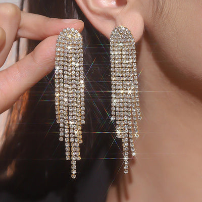 Tassel Gold Small Circle Long Earrings with Rhinestones - BOLODOO