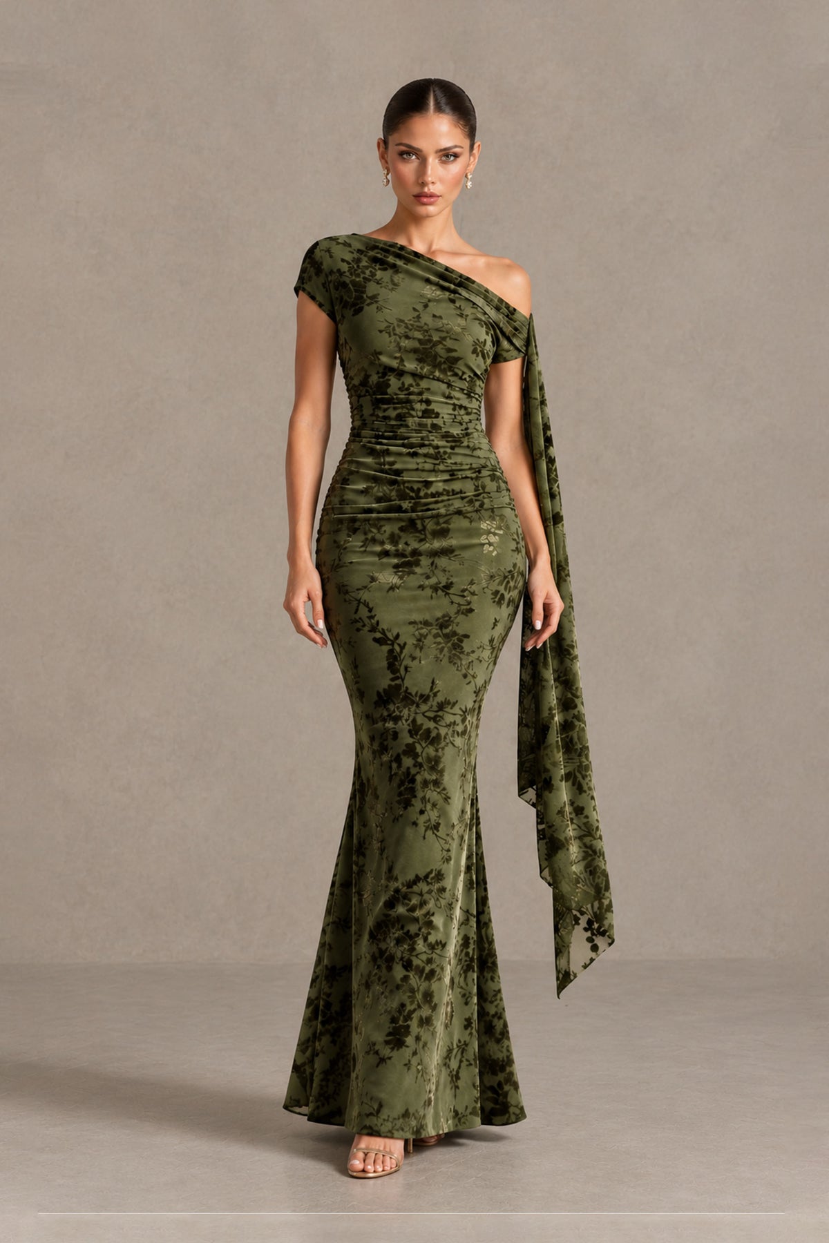 BOLODOO Olive Green Floral One-Shoulder Mermaid Gown 