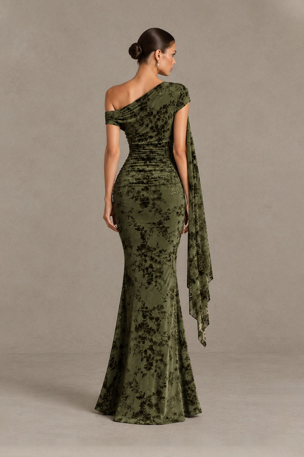 BOLODOO Olive Green Floral One-Shoulder Mermaid Gown 