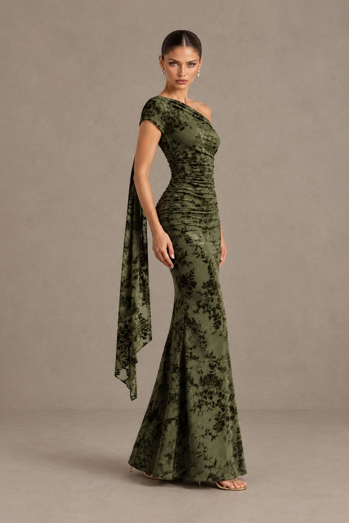 BOLODOO Olive Green Floral One-Shoulder Mermaid Gown 