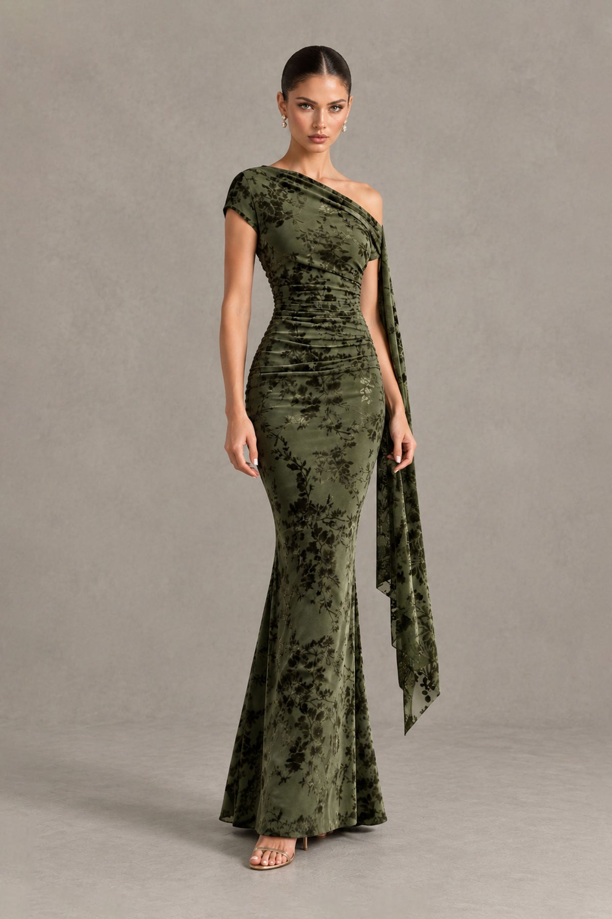 BOLODOO Olive Green Floral One-Shoulder Mermaid Gown 