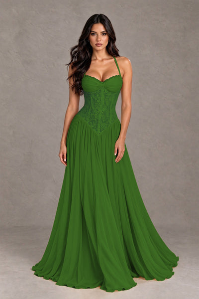 BOLODOO Olive Green Lace Corset Halter Maxi Gown – Backless A-Line Formal Dress 