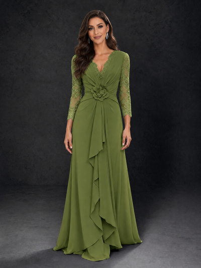 BOLODOO Olive Green Lace Sleeve V-Neck Floral Waist Chiffon A-Line Maxi Dress 