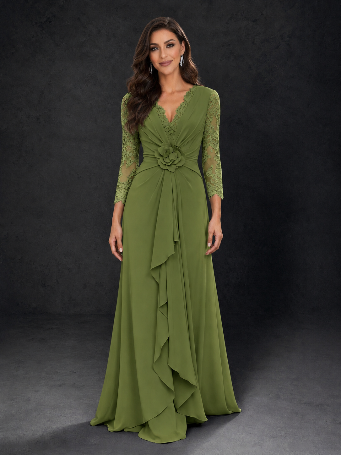 BOLODOO Olive Green Lace Sleeve V-Neck Floral Waist Chiffon A-Line Maxi Dress 