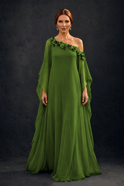 BOLODOO Olive Green 2-Piece Set: Off-Shoulder 3D Floral Cape Gown & One-Shoulder Wide-Leg Jumpsuit | BD0373 