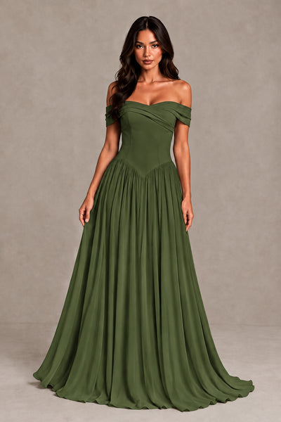 BOLODOO Olive Green Off-Shoulder Sweetheart Corset Pleated Chiffon Maxi Dress 