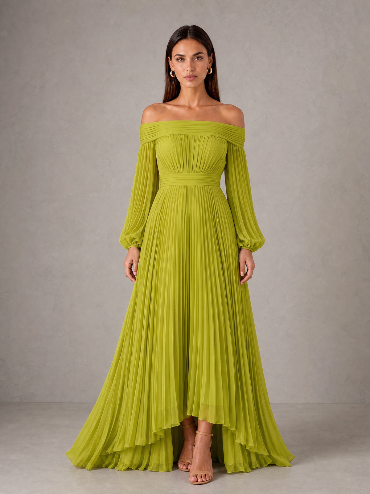 BOLODOO Olive Green Off-Shoulder Long Sleeve Pleated High-Low Dress 