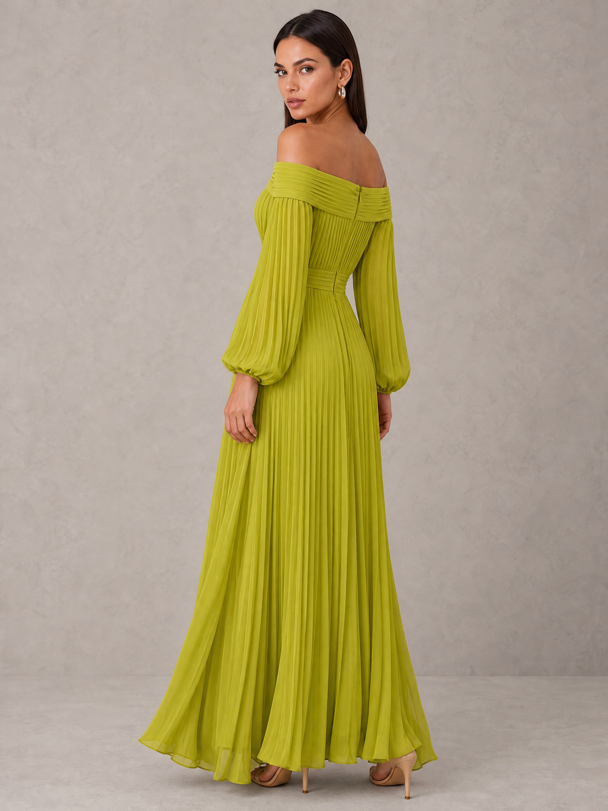 BOLODOO Olive Green Off-Shoulder Long Sleeve Pleated High-Low Dress 