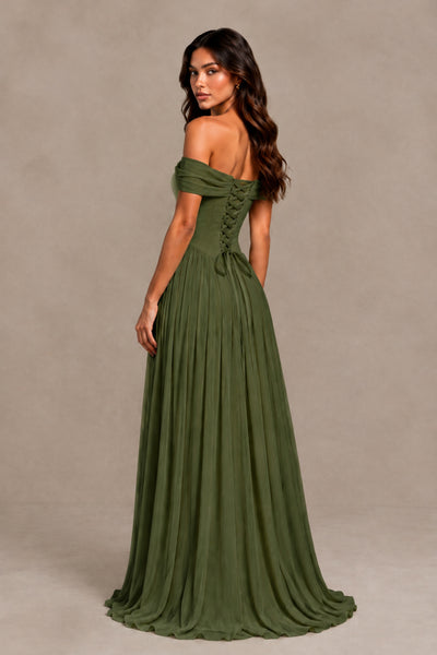 BOLODOO Olive Green Off-Shoulder Sweetheart Corset Pleated Chiffon Maxi Dress 