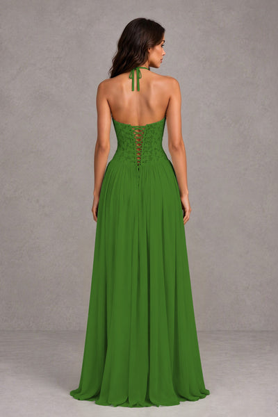 BOLODOO Olive Green Lace Corset Halter Maxi Gown – Backless A-Line Formal Dress 