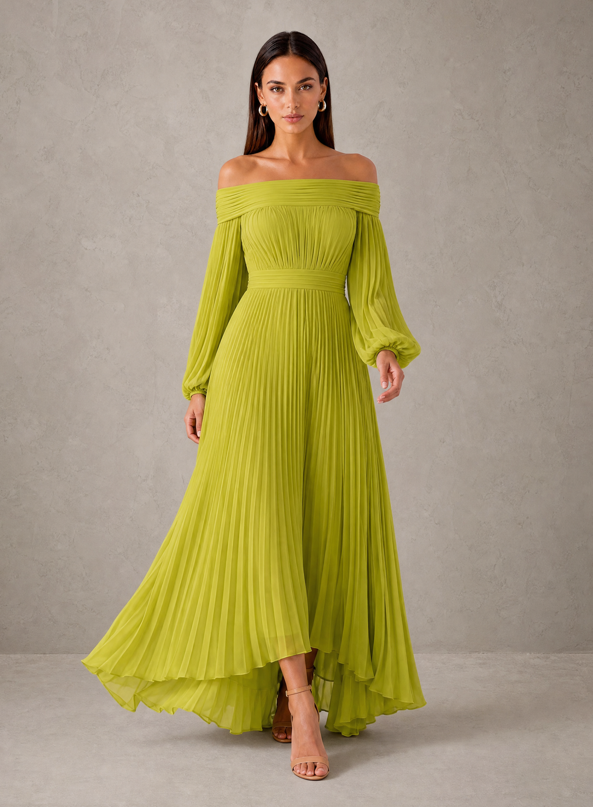 BOLODOO Olive Green Off-Shoulder Long Sleeve Pleated High-Low Dress 