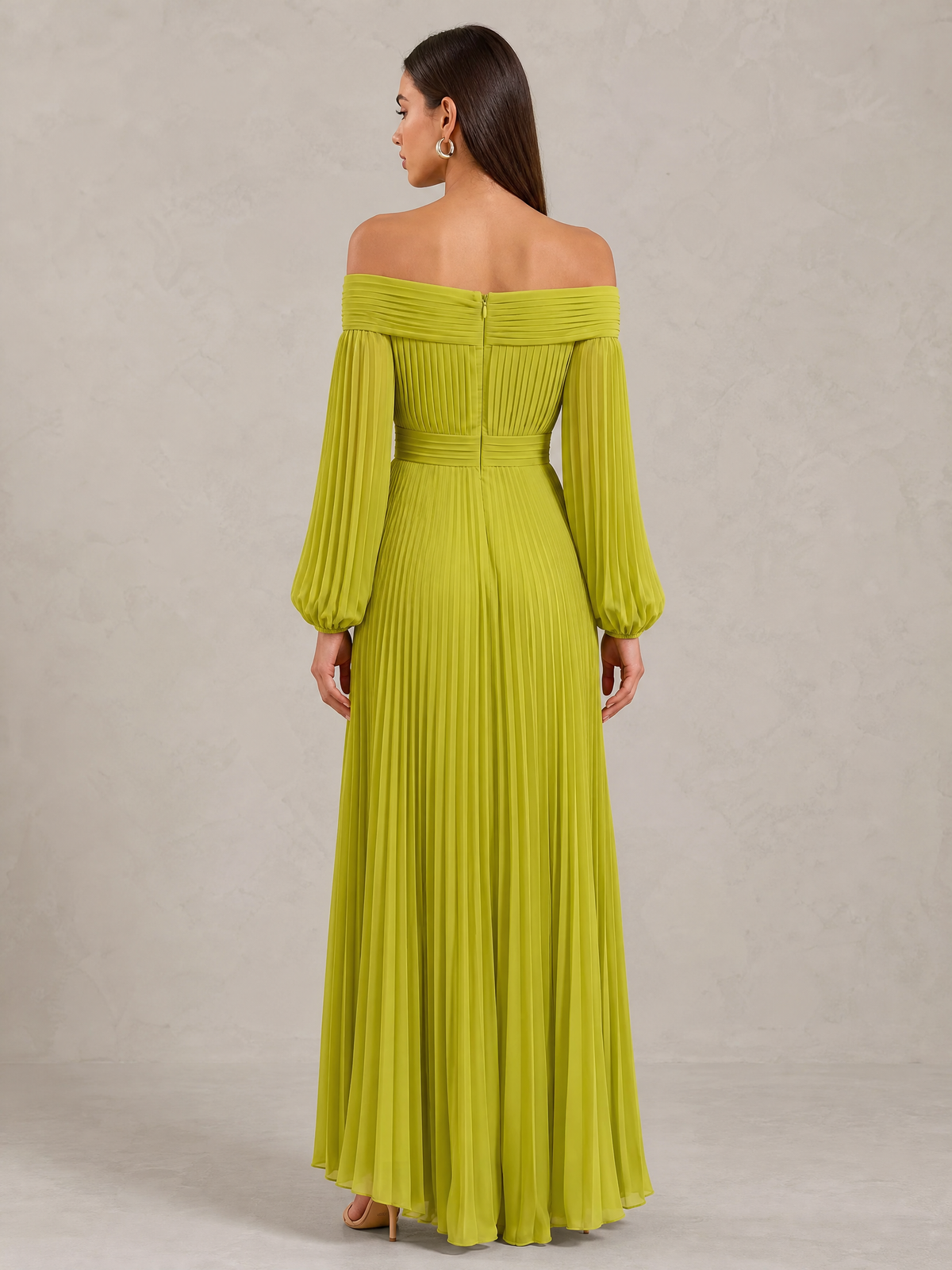 BOLODOO Olive Green Off-Shoulder Long Sleeve Pleated High-Low Dress 