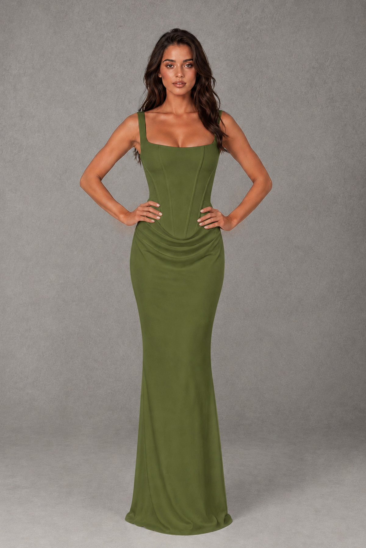BOLODOO Olive Green Square-Neck Lace-Up Back Bridesmaid Dress 