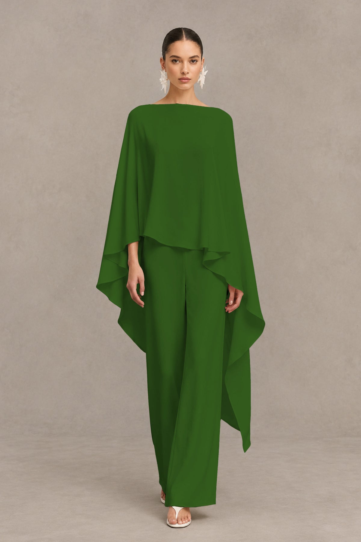 BOLODOO Olive Green Cape Sleeve Wide-Leg Formal Pantsuit - Olive Green - Olive Green_01