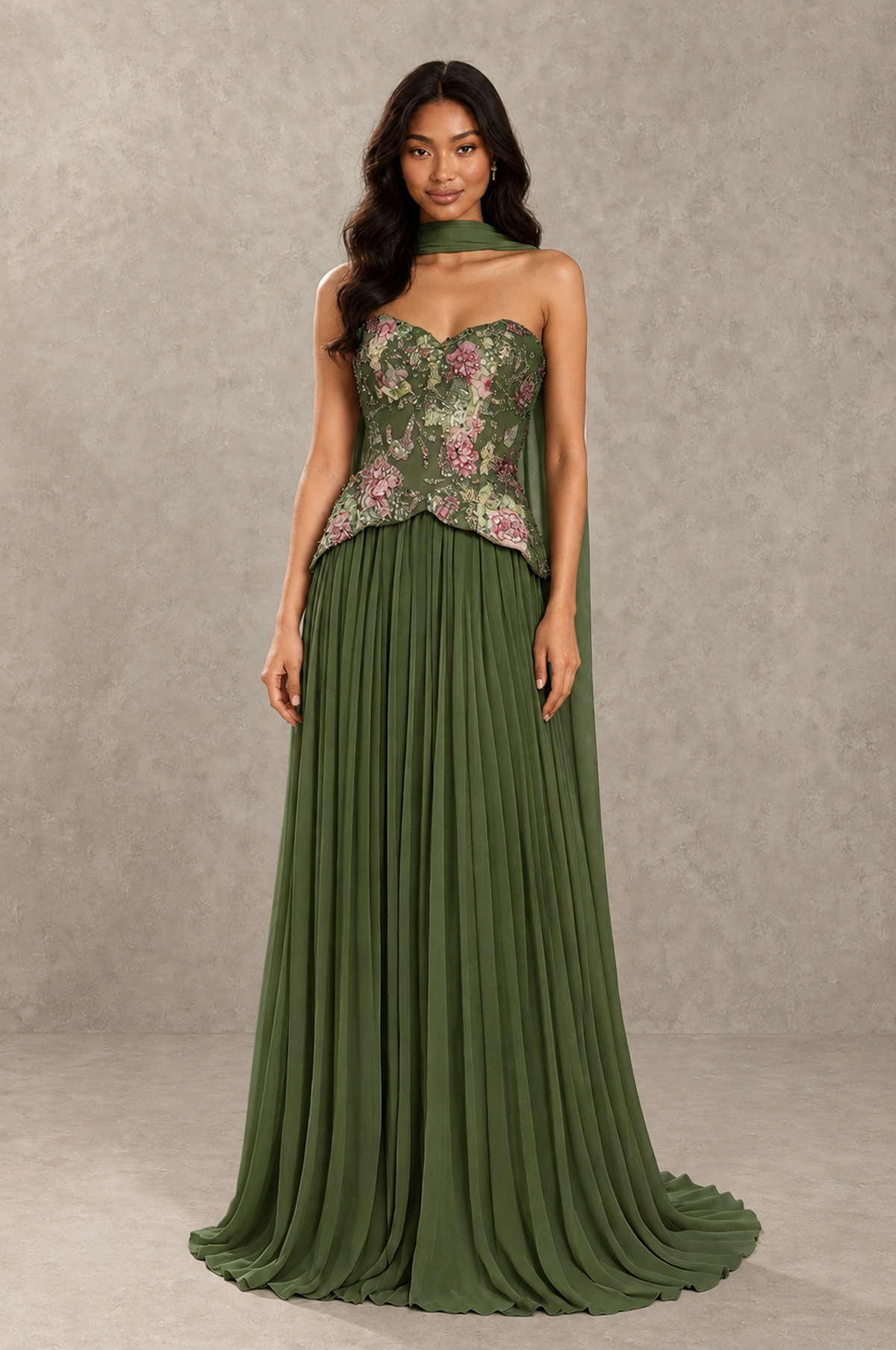 BOLODOO Olive Green Strapless Beaded Floral Corset Chiffon Maxi Gown – Open Back Prom & Formal Evening Dress - Olive Green - Olive Green_01