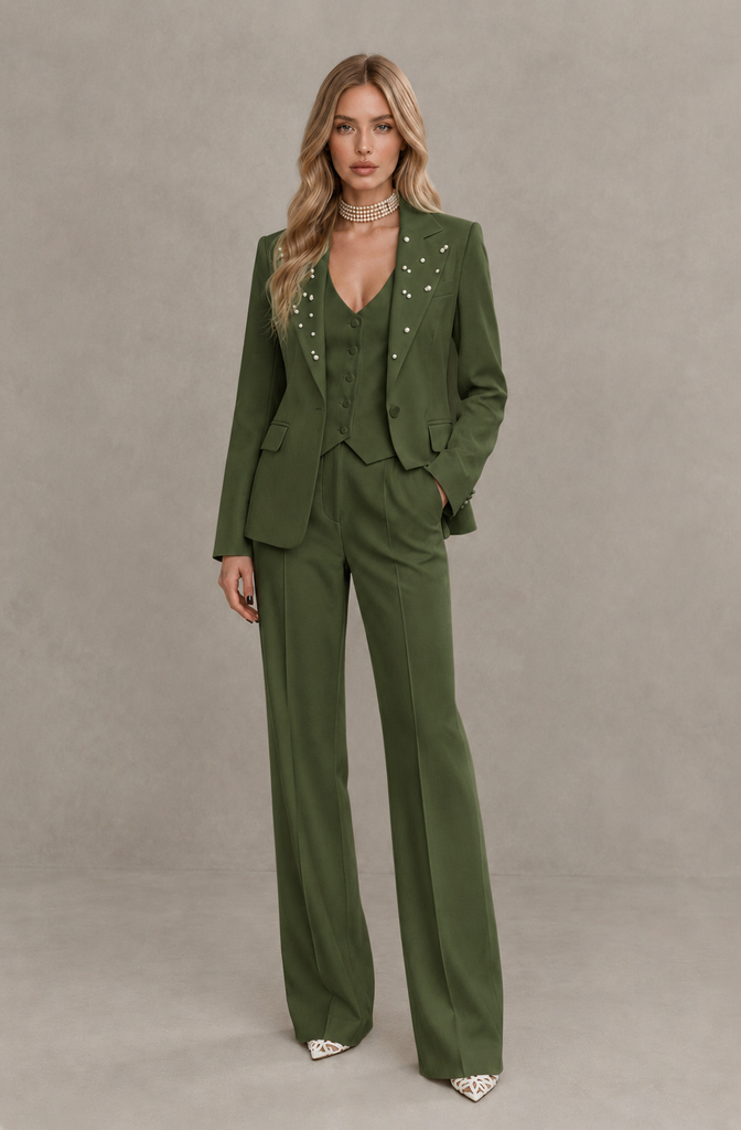BOLODOO Olive Green Women's Three-Piece Pantsuit with Blazer & Vest - Olive Green - Olive Green_01