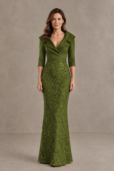 BOLODOO Olive Green Three-Quarter Sleeve Mermaid Evening Dress with Floral Detail - Olive Green - Olive Green_01