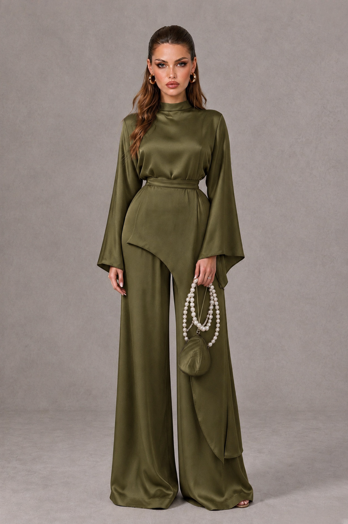 BOLODOO Olive Green Satin-Look Long Sleeve Wide-Leg Jumpsuit - Olive Green - Olive Green_01