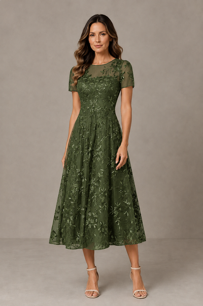 BOLODOO Olive Green Textured Floral A-Line Dress with Short Sleeves - Olive Green - Olive Green_01