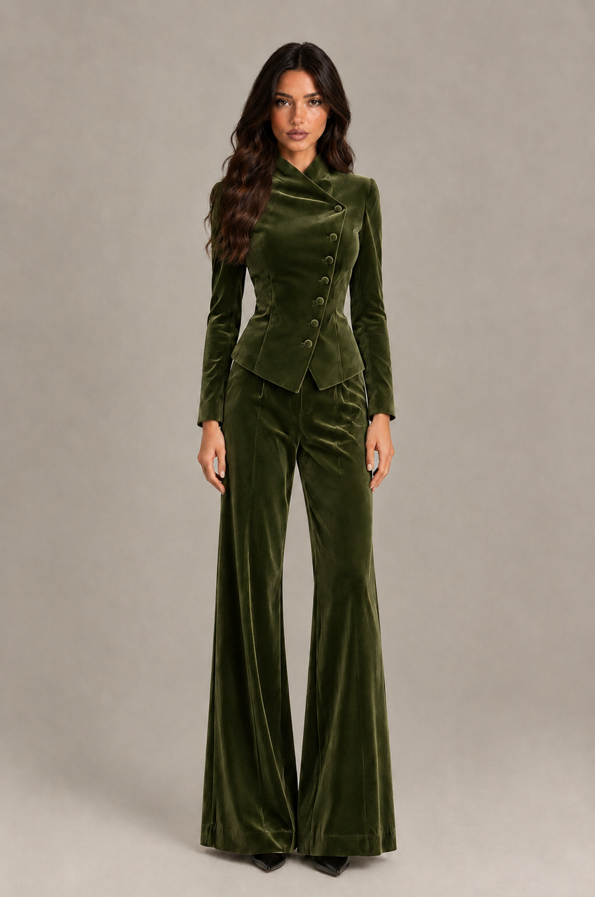BOLODOO Olive Green Velvet Two-Piece Pantsuit with Long Sleeve Blazer & Wide-Leg Trousers - Olive Green - Olive Green_01