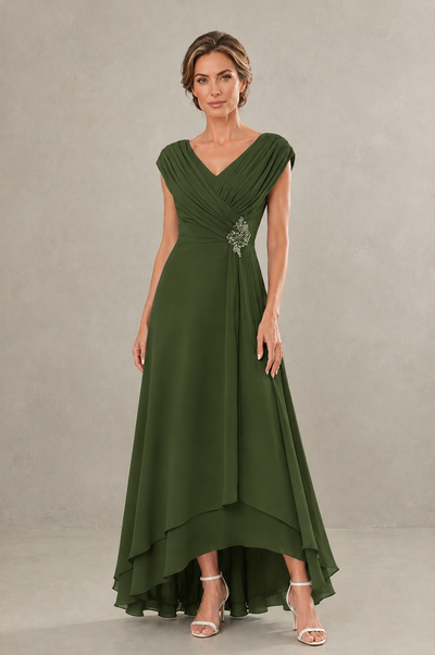 BOLODOO Olive Green V-Neck High-Low Mother of the Bride Dress - Olive Green - Olive Green_01