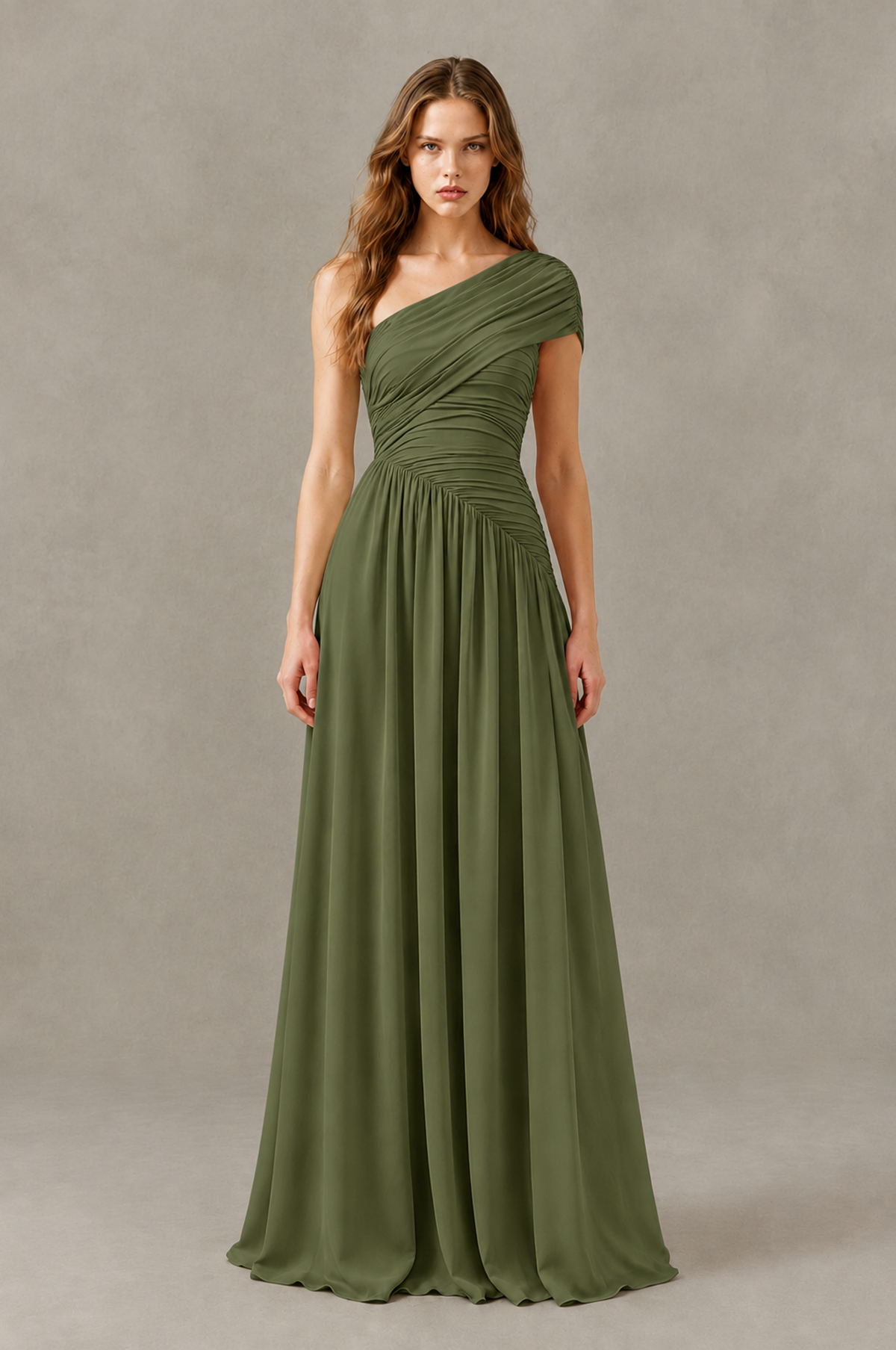 BOLODOO Olive Green One-Shoulder Ruched Floor-Length Bridesmaid Dress - Olive Green - Olive Green_01