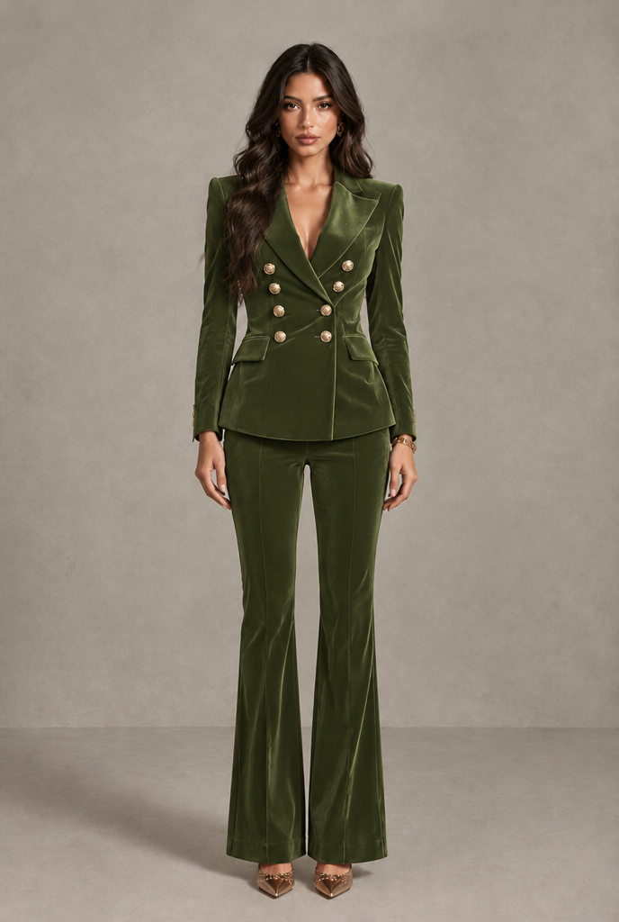BOLODOO Olive Green Velvet Double-Breasted Blazer & Pants Two-Piece Suit - Olive Green - Olive Green_01