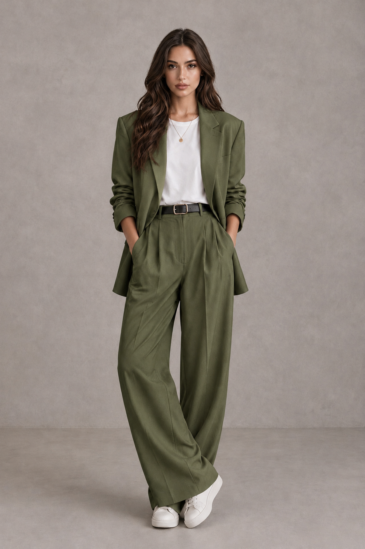 BOLODOO Olive Green Brown Blazer & Wide-Leg Pants Suit for Women - Olive Green - Olive Green_01