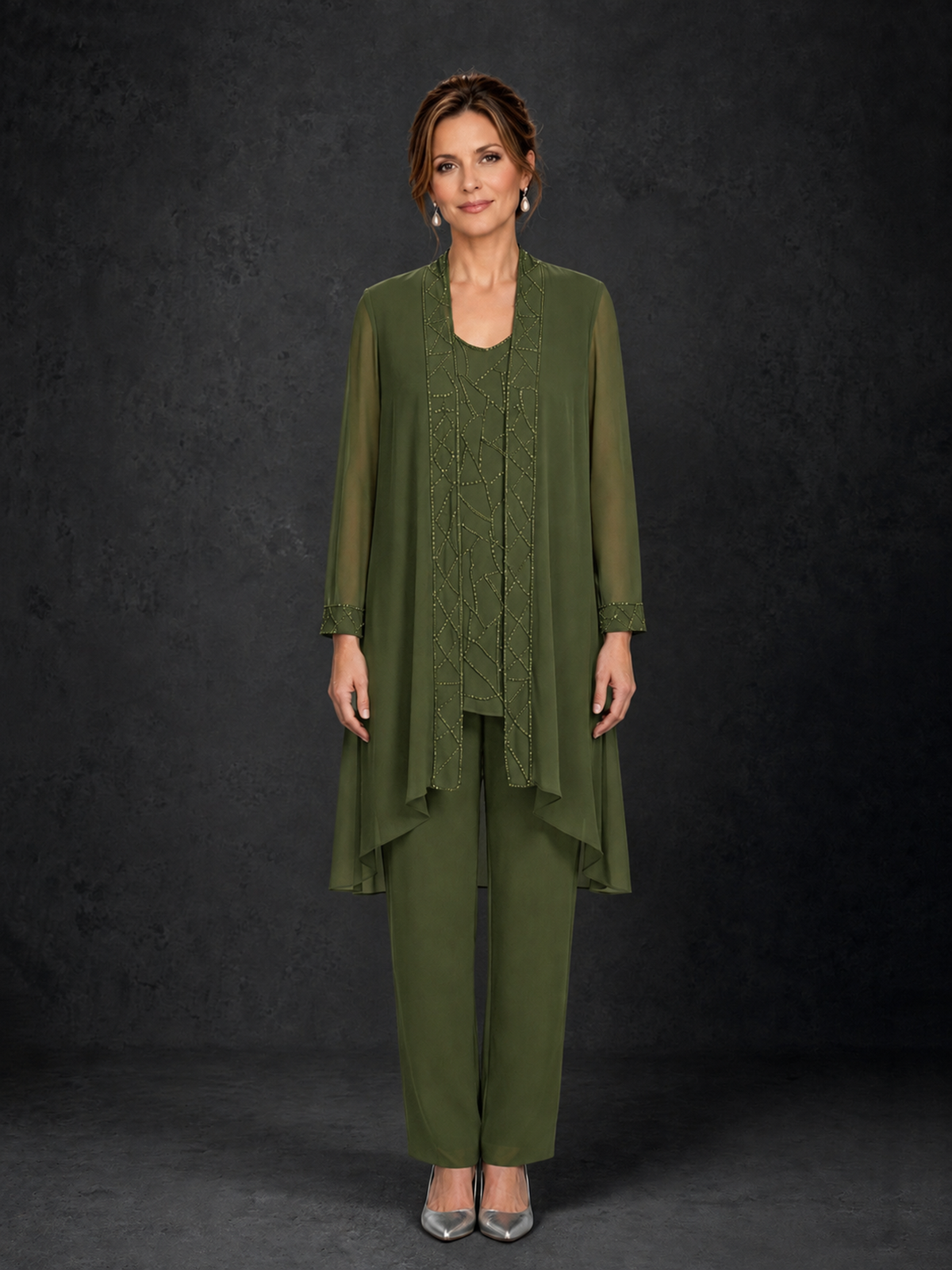 BOLODOO Olive Green 3-Piece Beaded Chiffon Duster Jacket Pant Suit - Olive Green - Olive Green_01