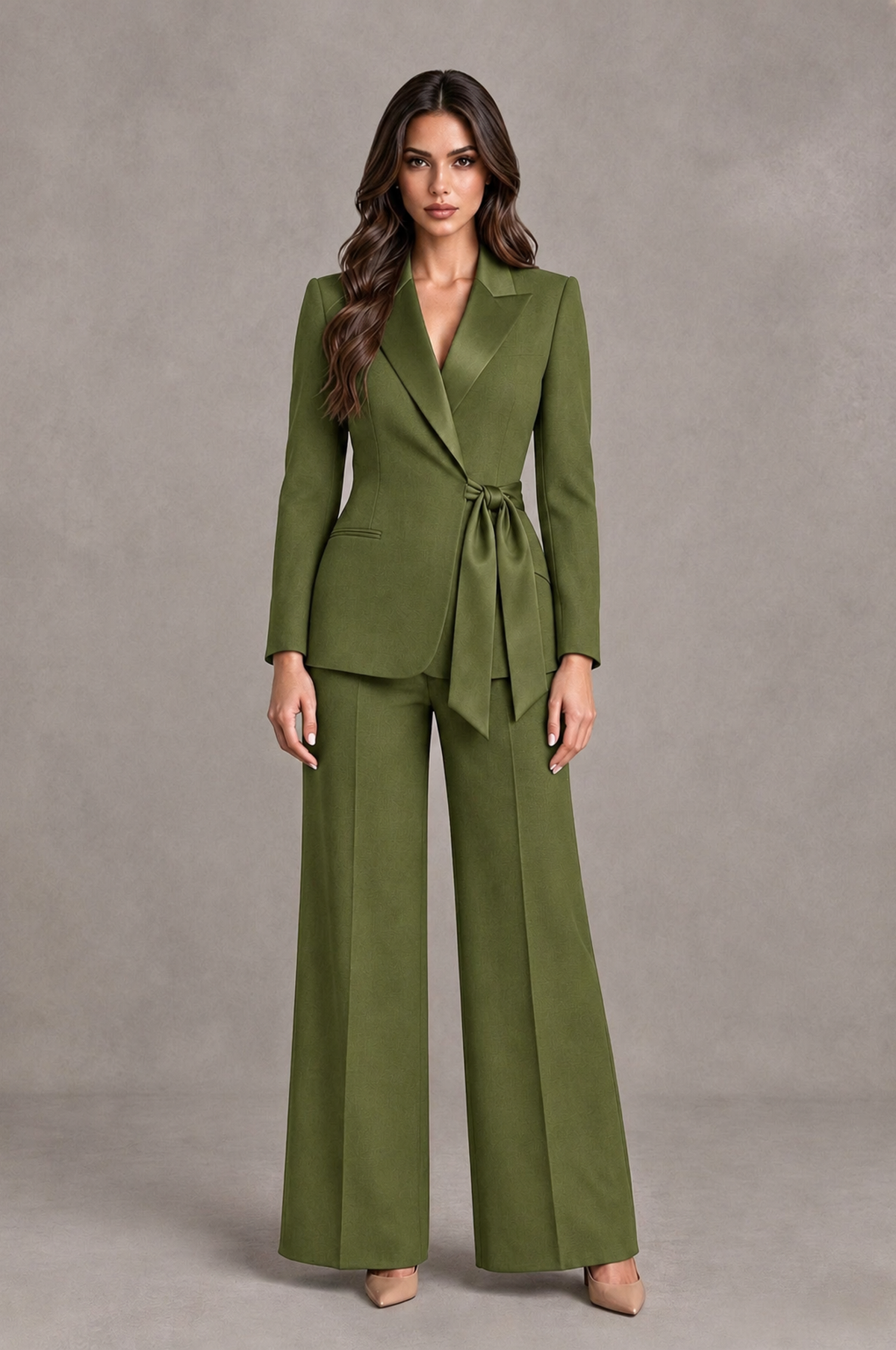 BOLODOO Olive Green Tie-Waist Blazer & Wide-Leg Pantsuit - Olive Green - Olive Green_01