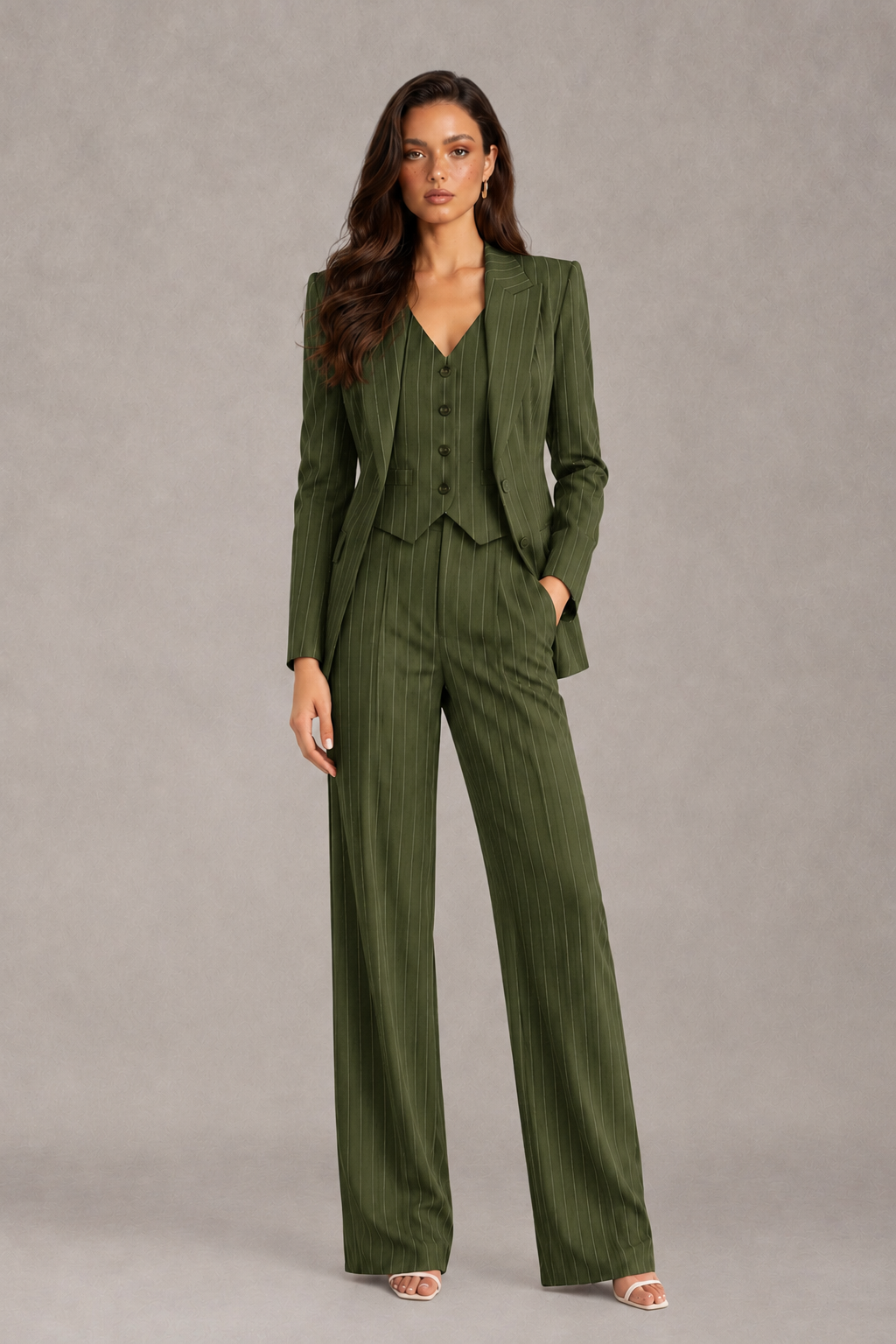 BOLODOO Women's Olive Green Pinstripe Three-Piece Pantsuit with Wide-Leg Trousers - Olive Green - Olive Green_01