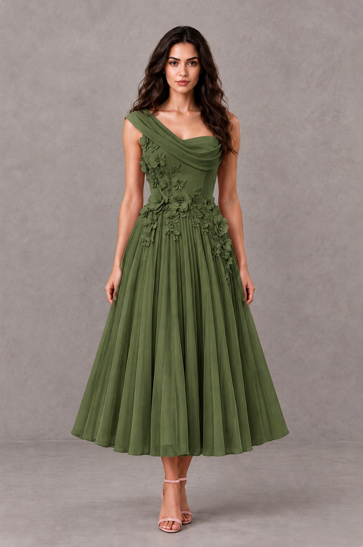 BOLODOO Olive Green One-Shoulder Floral Tulle Tea-Length Dress - Olive Green - Olive Green_01