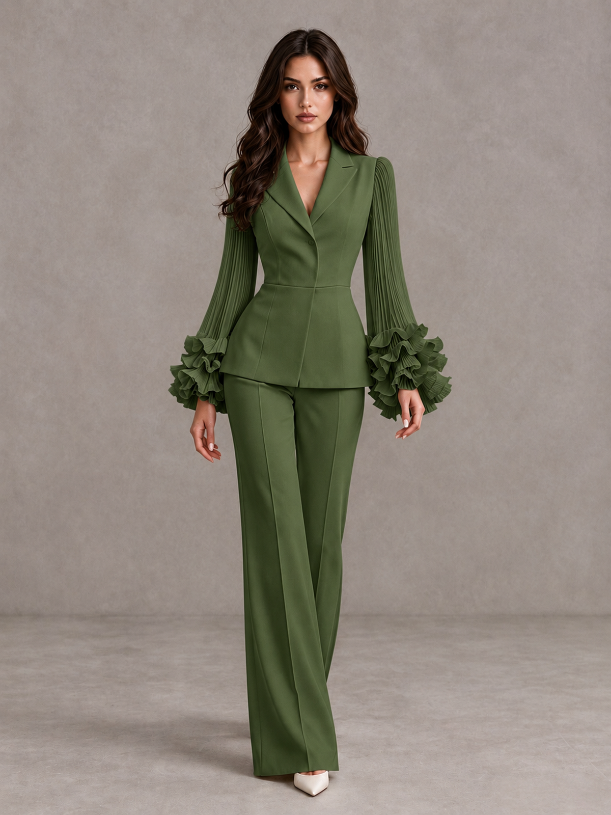 BOLODOO Olive Green Mother of the Bride Pant Suit – Pleated Long Sleeve Ruffle Cuff Wide Leg Trouser Suit - Olive Green - Olive Green_01