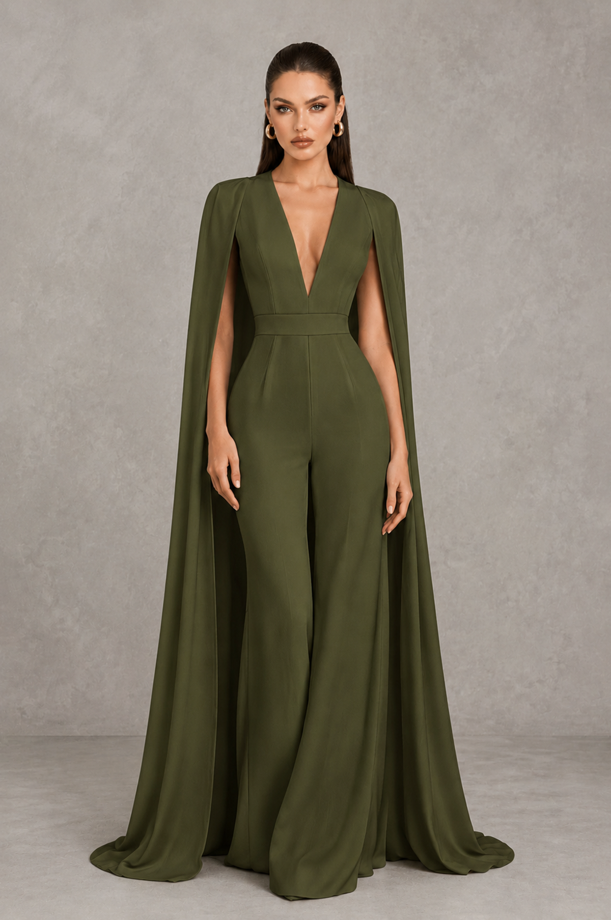 BOLODOO Olive Green Deep V-Neck Cape Sleeve Bridal Jumpsuit - Olive Green - Olive Green_01