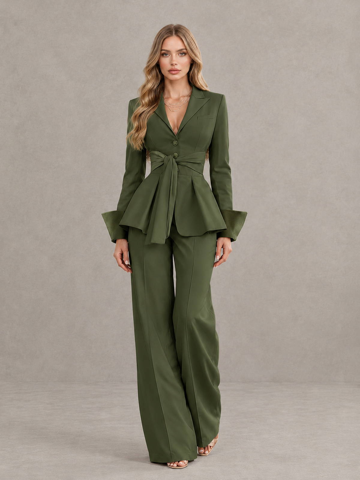 BOLODOO Olive Green Belted Peplum Pantsuit with Long Sleeves & Wide-Leg Trousers - Olive Green - Olive Green_01