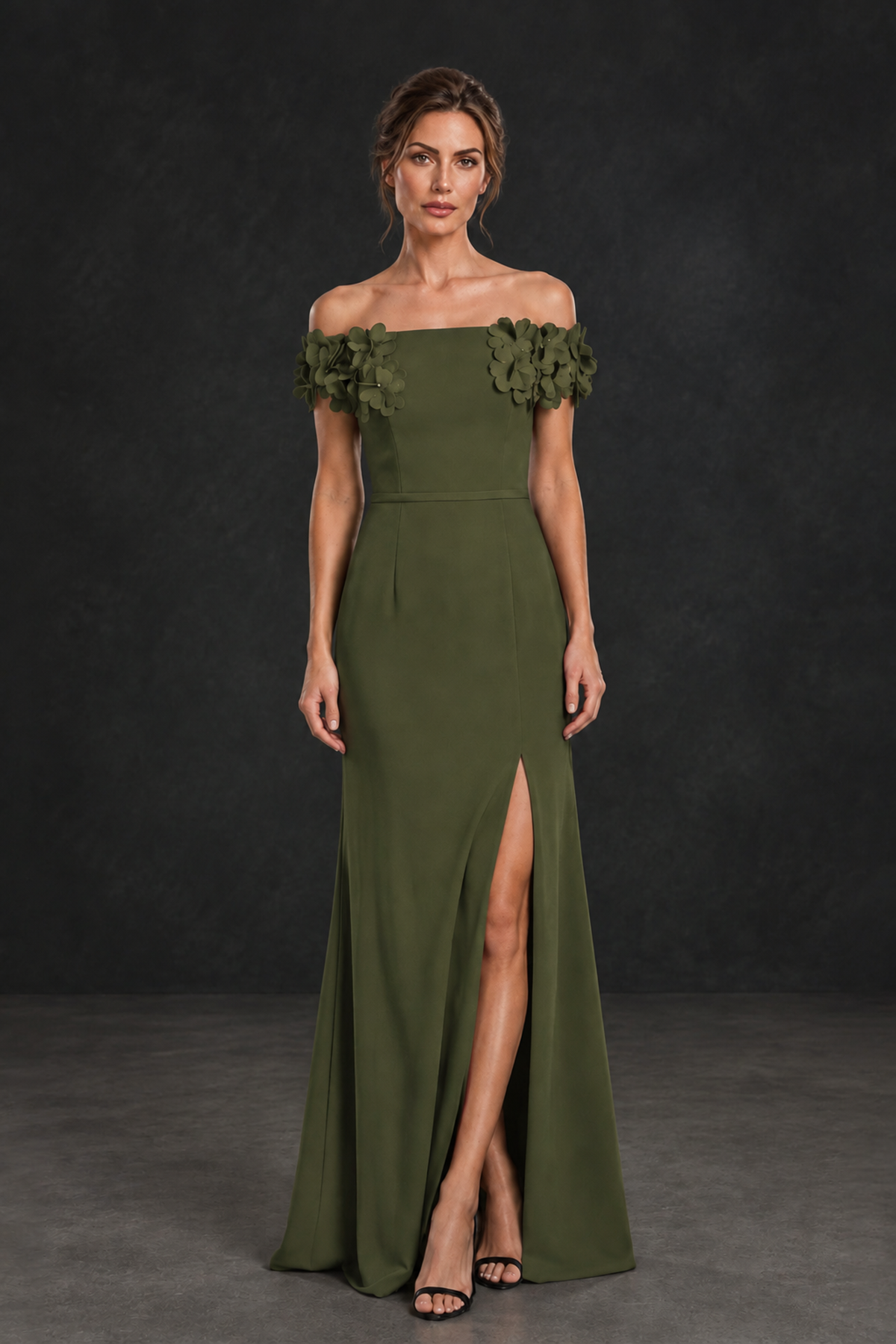 BOLODOO Olive Green Off-the-Shoulder Mother of the Bride Dress with Floral Appliques - Olive Green - Olive Green_01
