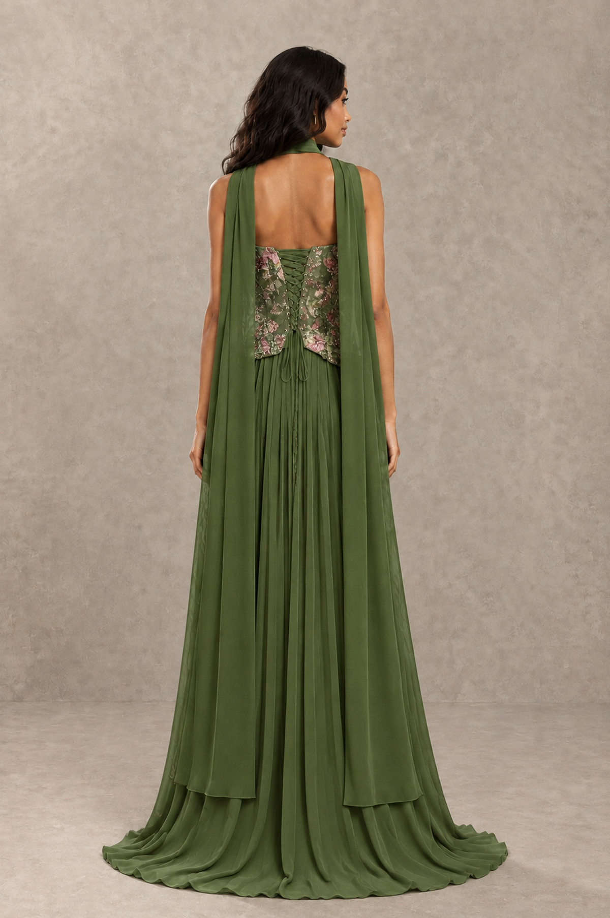 BOLODOO Olive Green Strapless Beaded Floral Corset Chiffon Maxi Gown – Open Back Prom & Formal Evening Dress - Olive Green - Olive Green_02