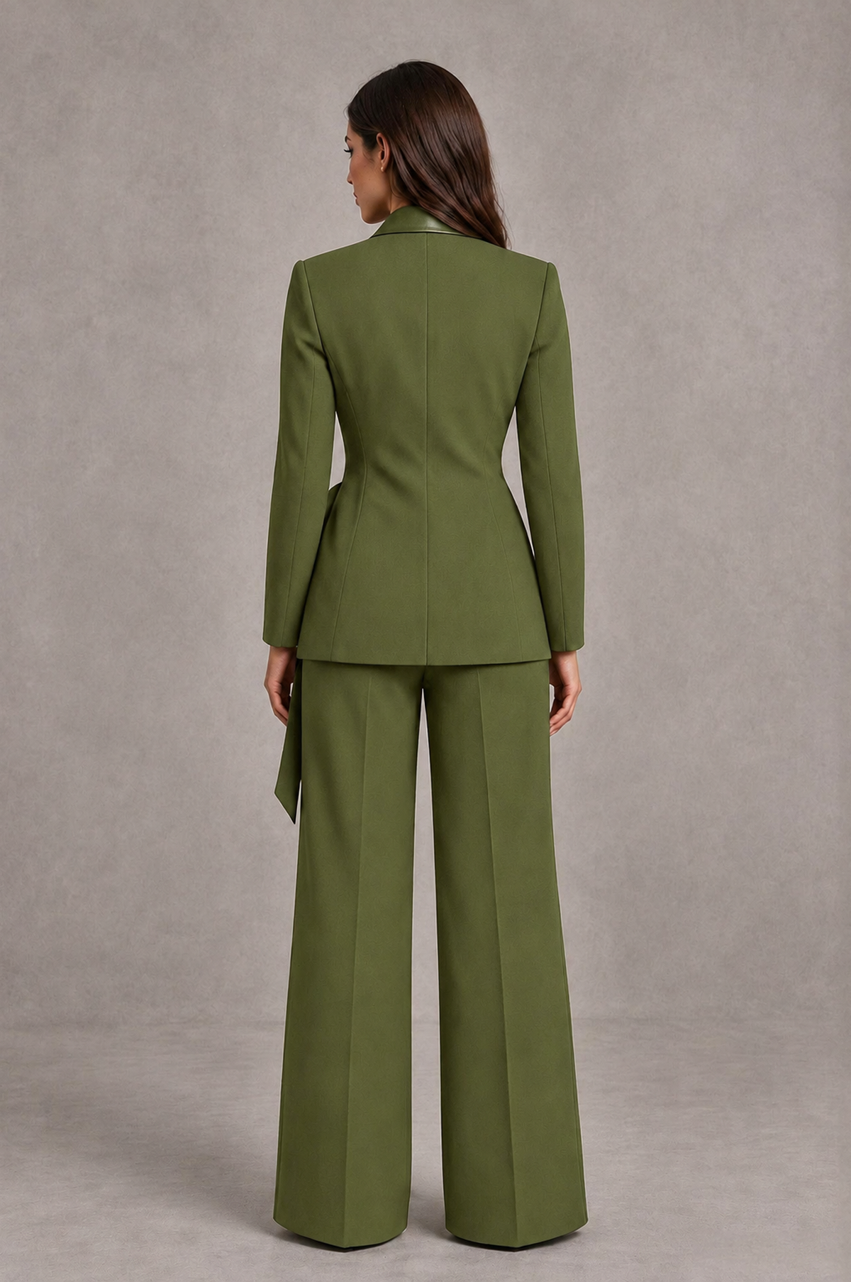 BOLODOO Olive Green Tie-Waist Blazer & Wide-Leg Pantsuit - Olive Green - Olive Green_02