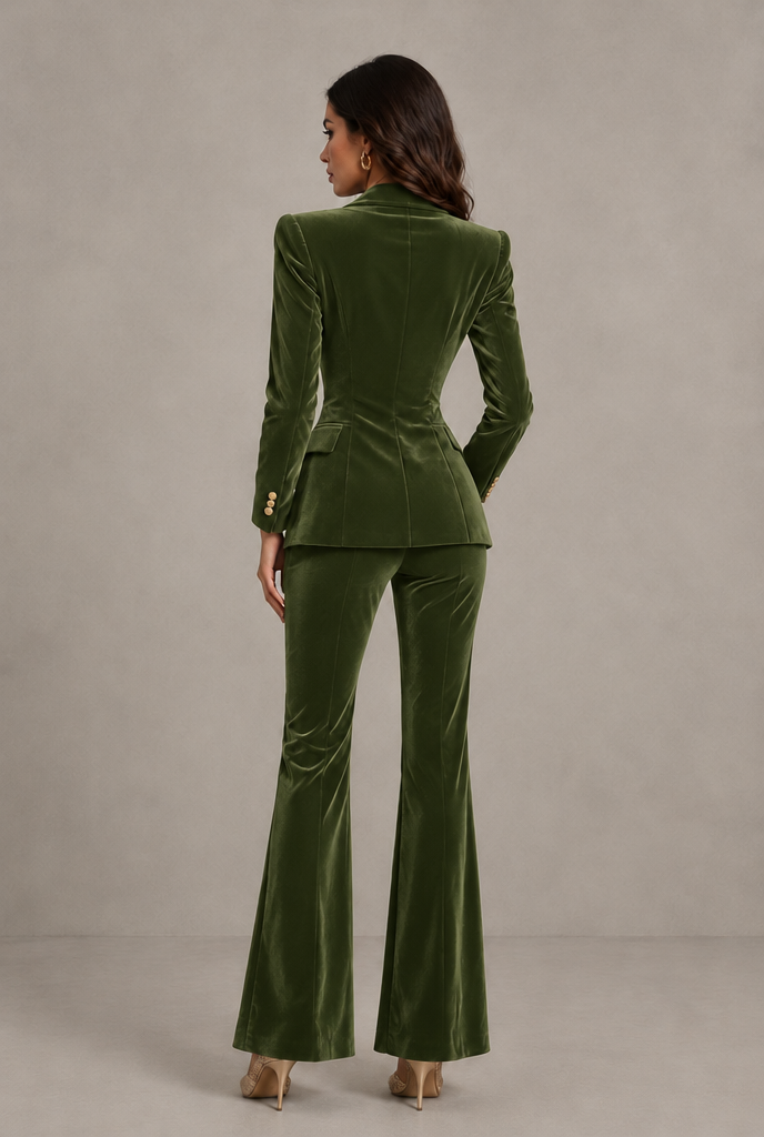 BOLODOO Olive Green Velvet Double-Breasted Blazer & Pants Two-Piece Suit - Olive Green - Olive Green_02