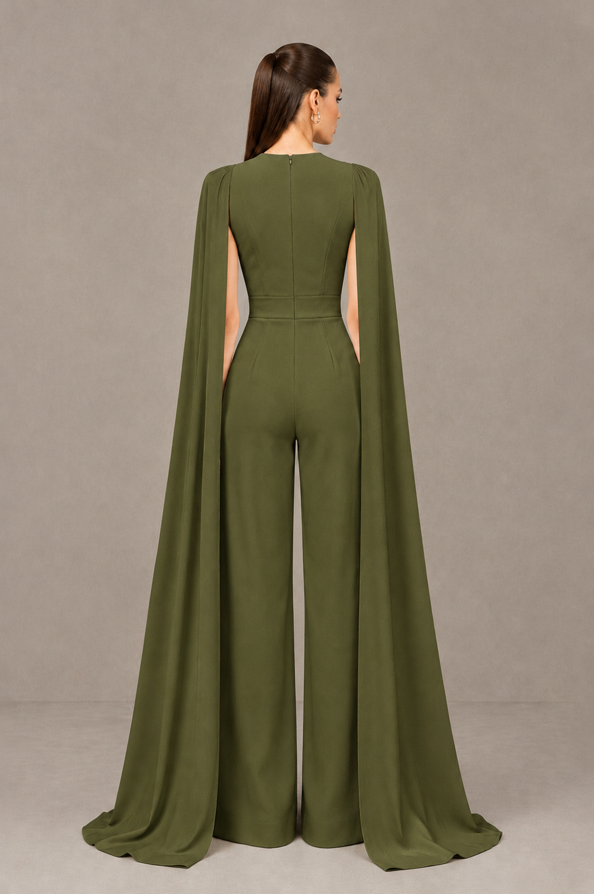 BOLODOO Olive Green Deep V-Neck Cape Sleeve Bridal Jumpsuit - Olive Green - Olive Green_02