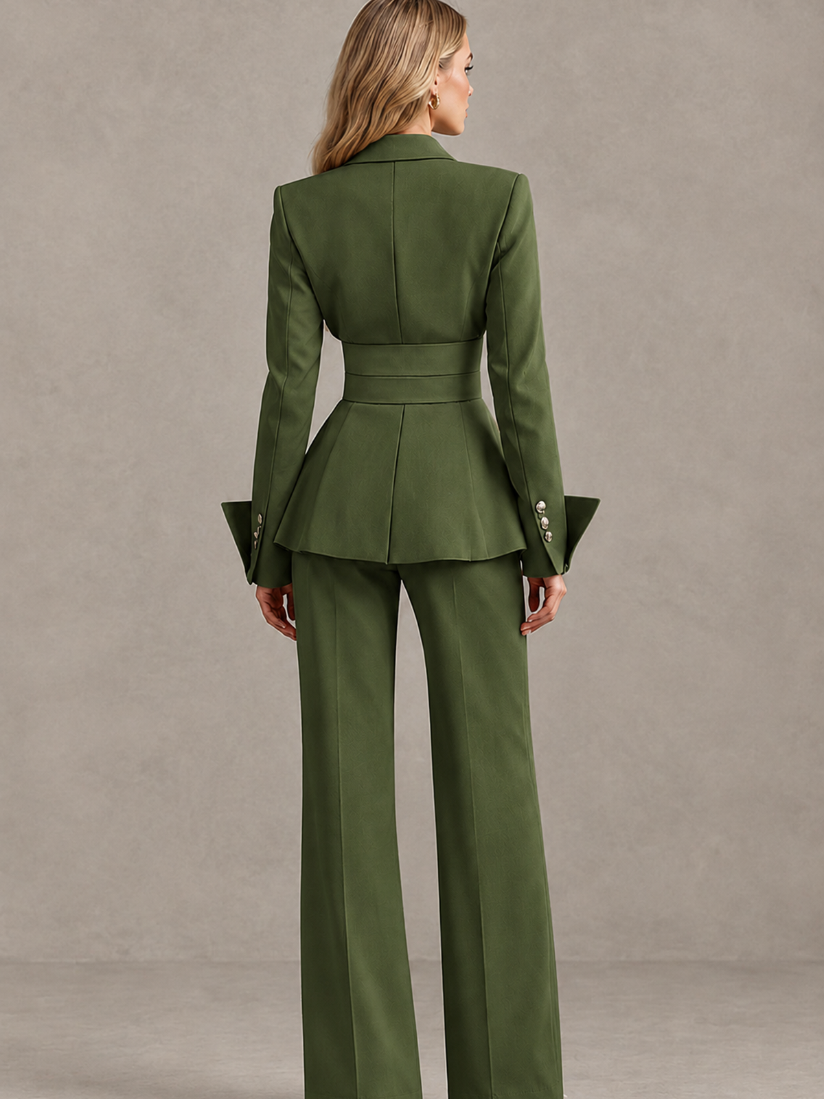 BOLODOO Olive Green Belted Peplum Pantsuit with Long Sleeves & Wide-Leg Trousers - Olive Green - Olive Green_02