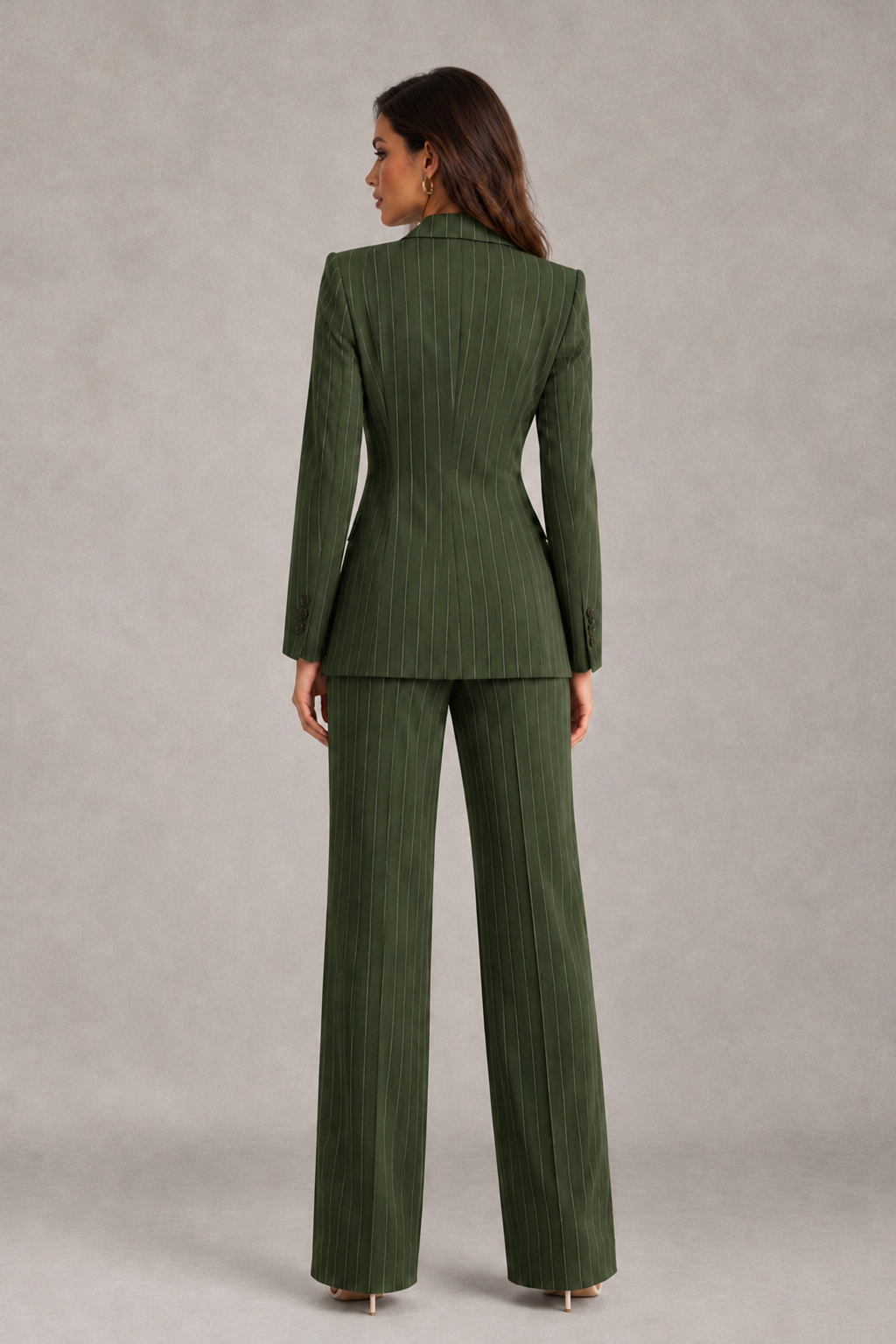 BOLODOO Women's Olive Green Pinstripe Three-Piece Pantsuit with Wide-Leg Trousers - Olive Green - Olive Green_02