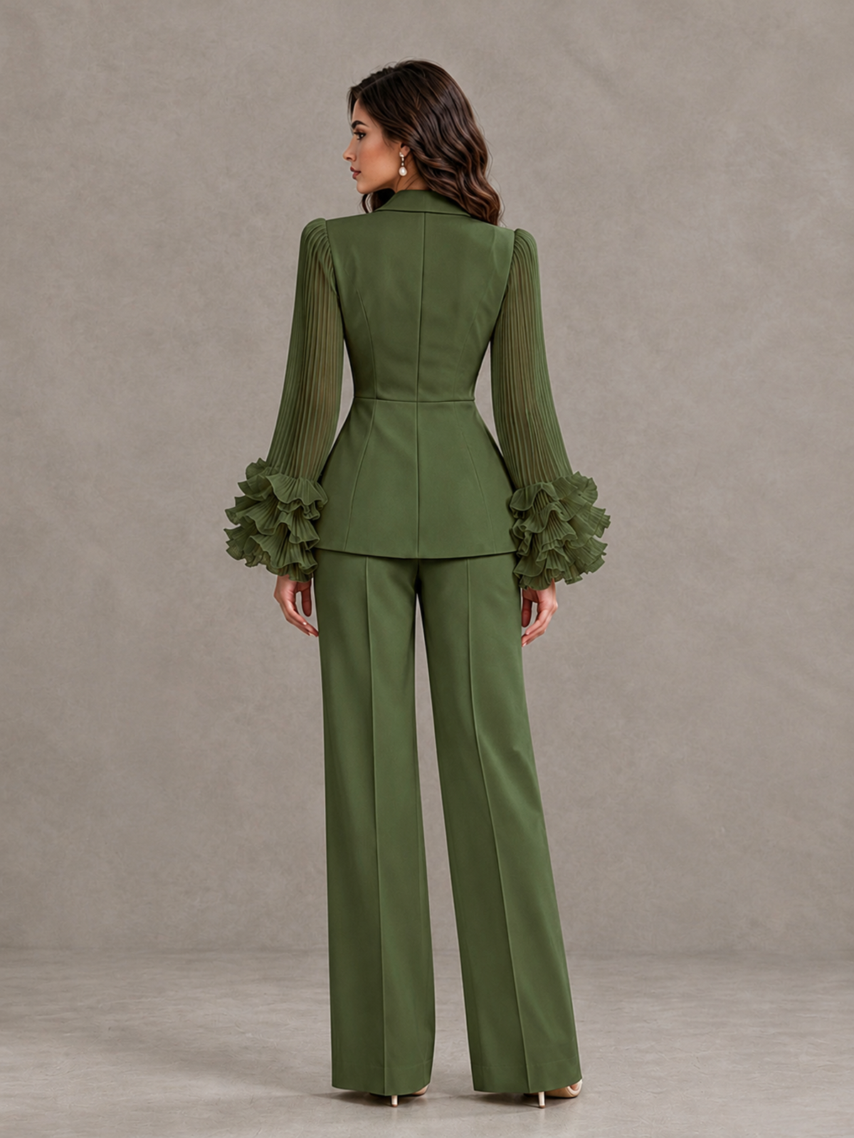 BOLODOO Olive Green Mother of the Bride Pant Suit – Pleated Long Sleeve Ruffle Cuff Wide Leg Trouser Suit - Olive Green - Olive Green_02