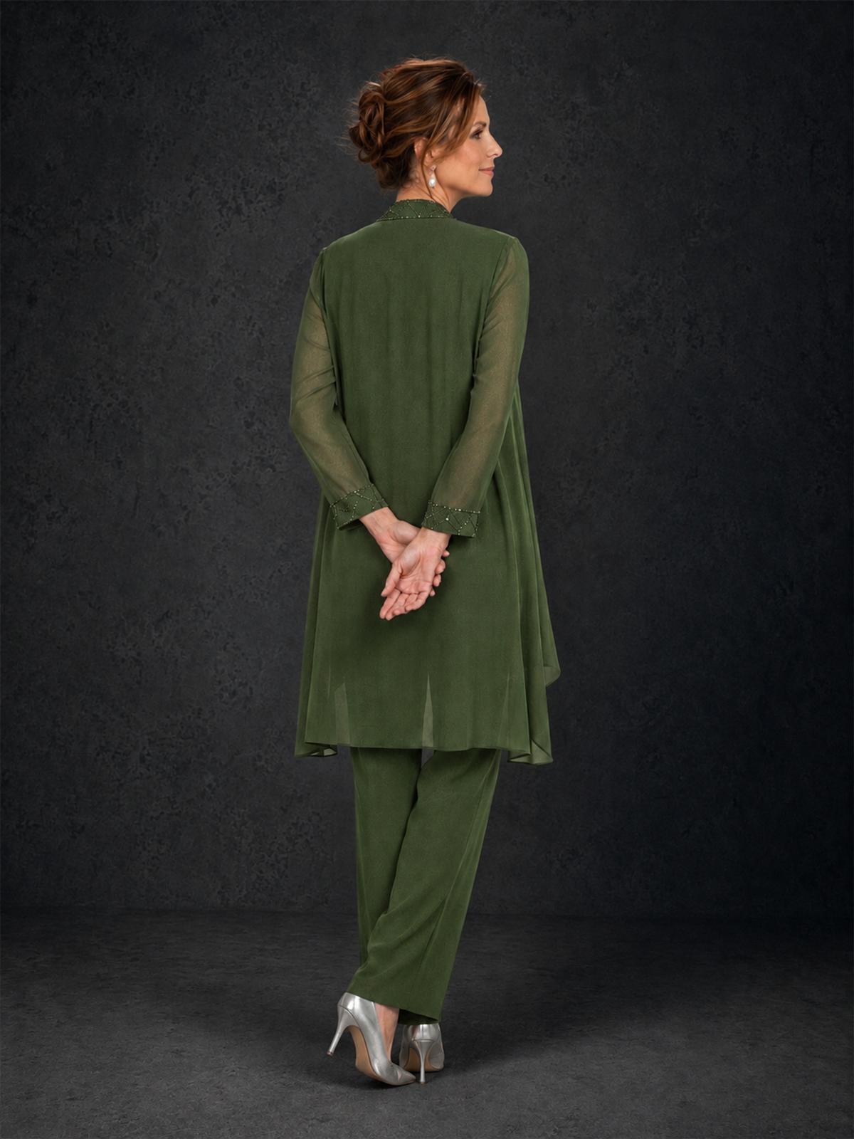 BOLODOO Olive Green 3-Piece Beaded Chiffon Duster Jacket Pant Suit - Olive Green - Olive Green_02