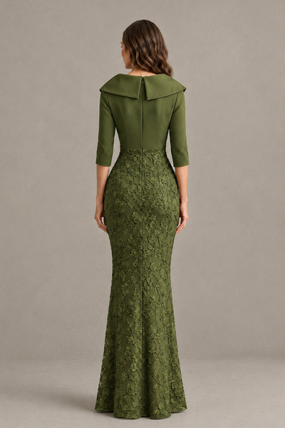 BOLODOO Olive Green Three-Quarter Sleeve Mermaid Evening Dress with Floral Detail - Olive Green - Olive Green_02