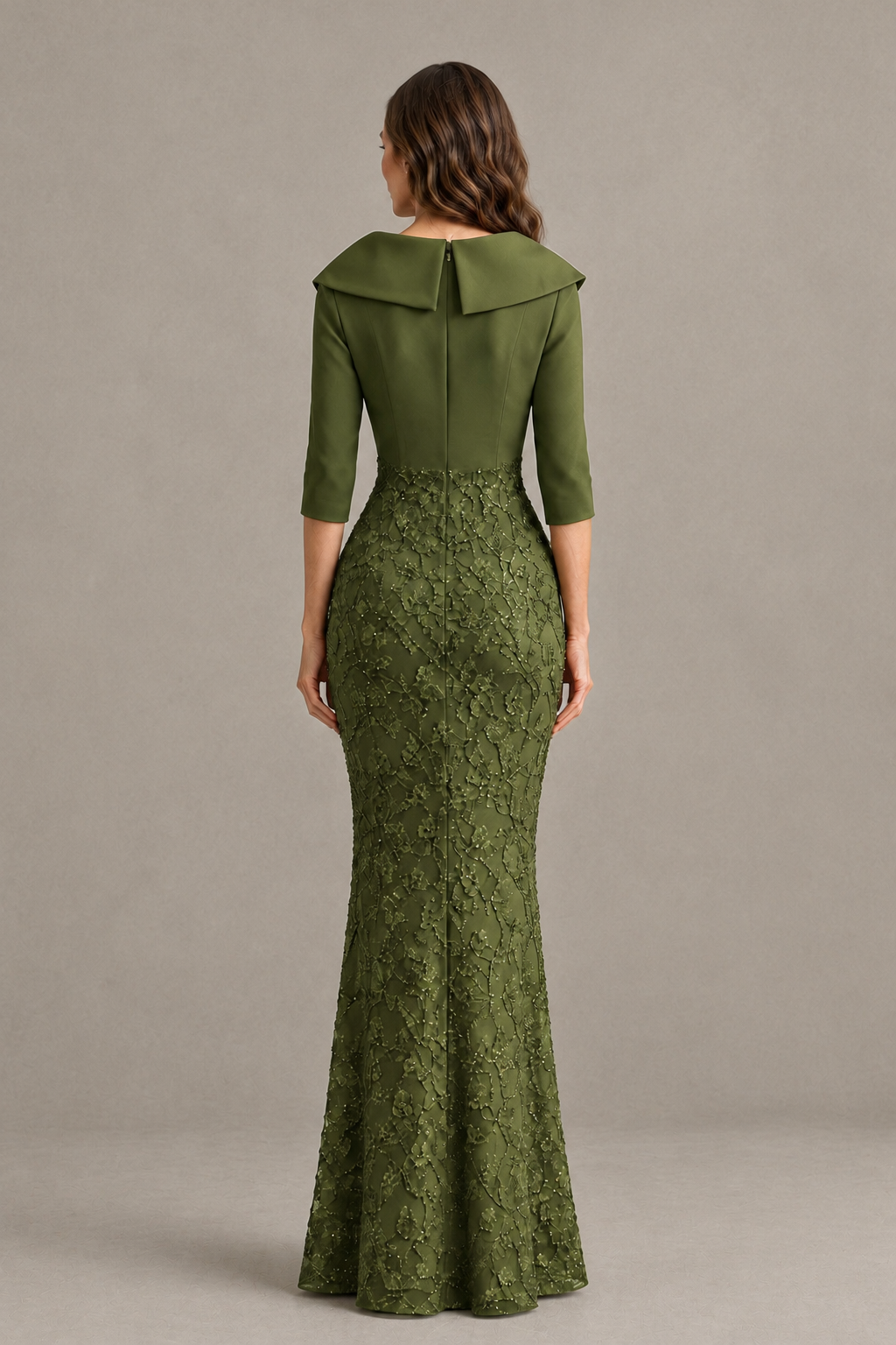 BOLODOO Olive Green Three-Quarter Sleeve Mermaid Evening Dress with Floral Detail - Olive Green - Olive Green_02